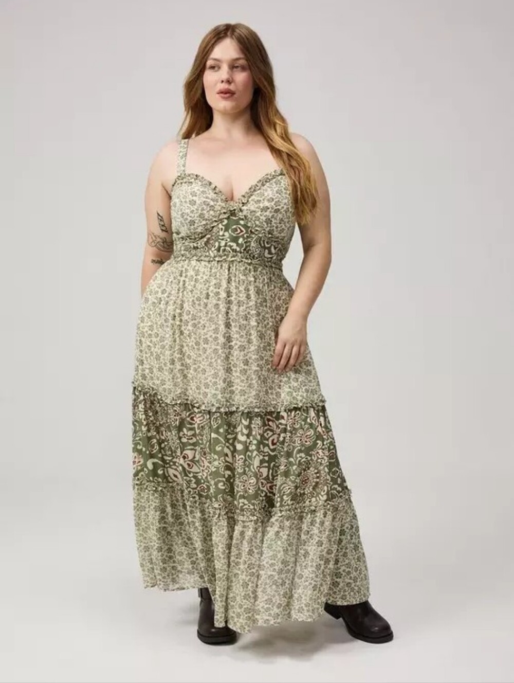 Torrid Boho Cottagecore Chiffon Ruffle V-Neck Maxi Dress Women's Plus Sz 1X Nwt